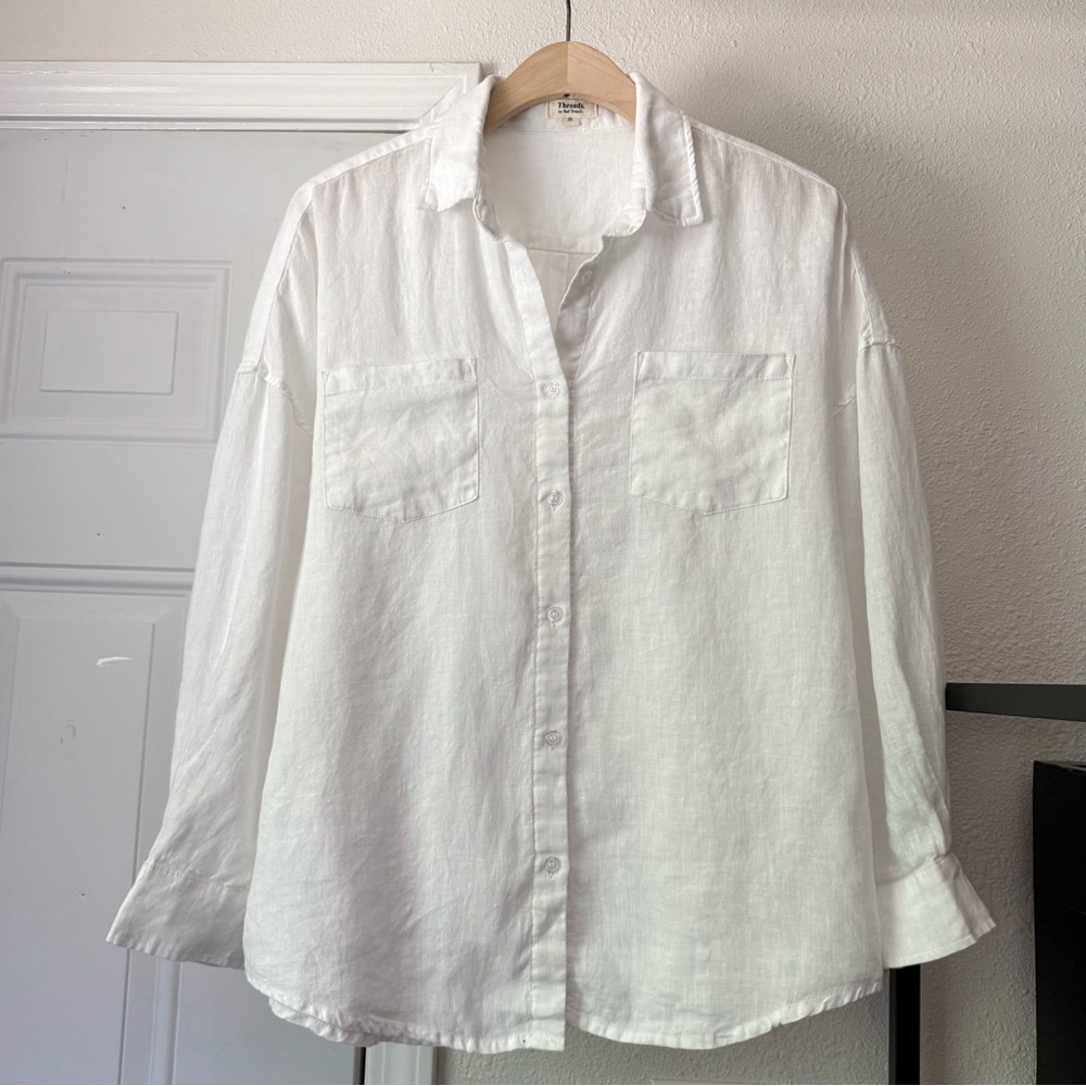 BED THREADS white linen long puff sleeve‎ button up boxy cropped shirt